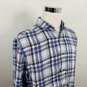 Massimo Dutti XL 100% Linen Italian Fabric Shirt Blue Beige Plaid Button Front